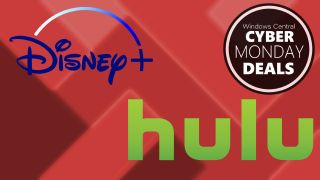 Image of the Disney+ and Hulu logos on a red background for Black Friday and Cyber Monday.