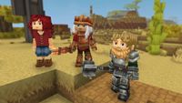 Hytale hide armour: Three characters standing in a desert, looking at something off camera. The character in the middle and the one on the right are wearing armour and holding weapons, while the person on the left is wearing a red top and skirt.