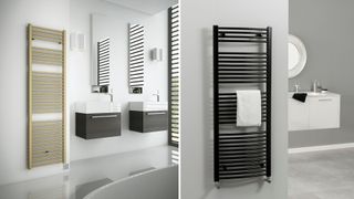 tw bathroom images side by side showing heated towels as a suggestion of how to make a bathroom look expensive
