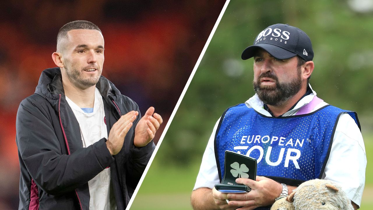 A split screen of English Premier League player John McGinn (left) and Martin Kaymer&#039;s caddie Craig Connelly