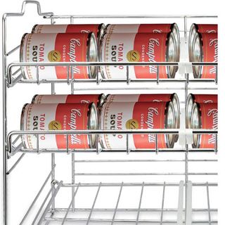 cans stored on metal storage rack