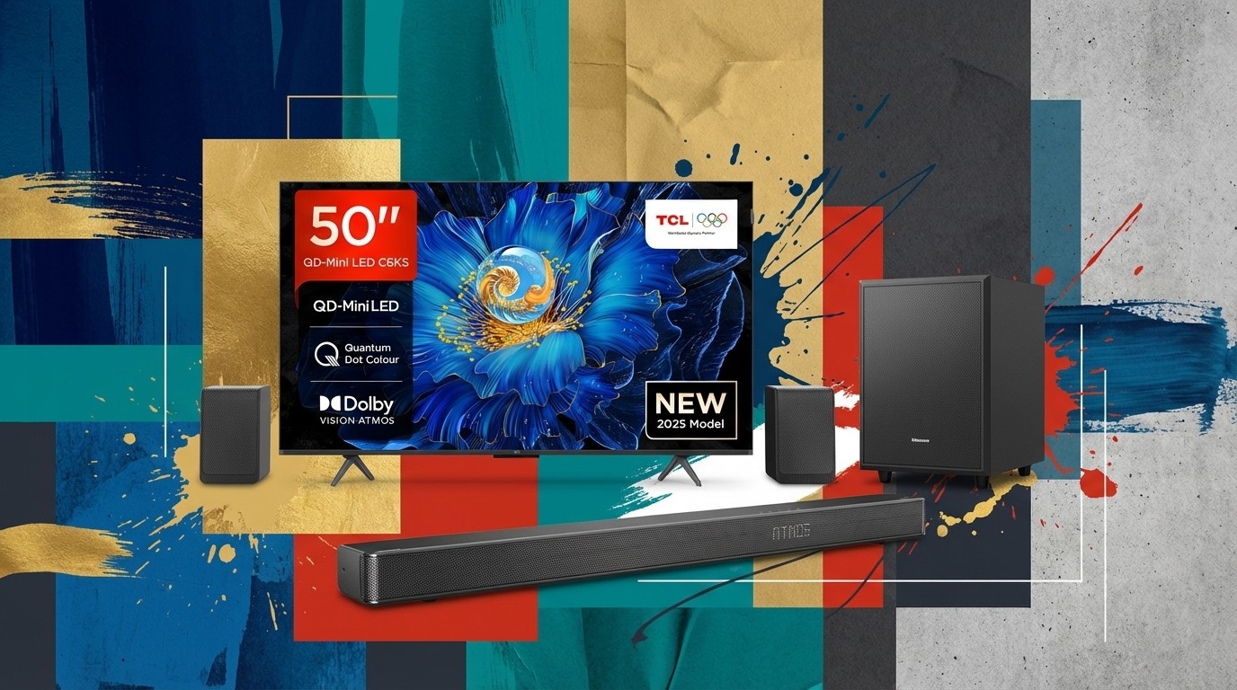 The 50-inch TCL C6KS Mini LED TV and Hisense AX5125H soundbar system pictured against a colourful, abstract background