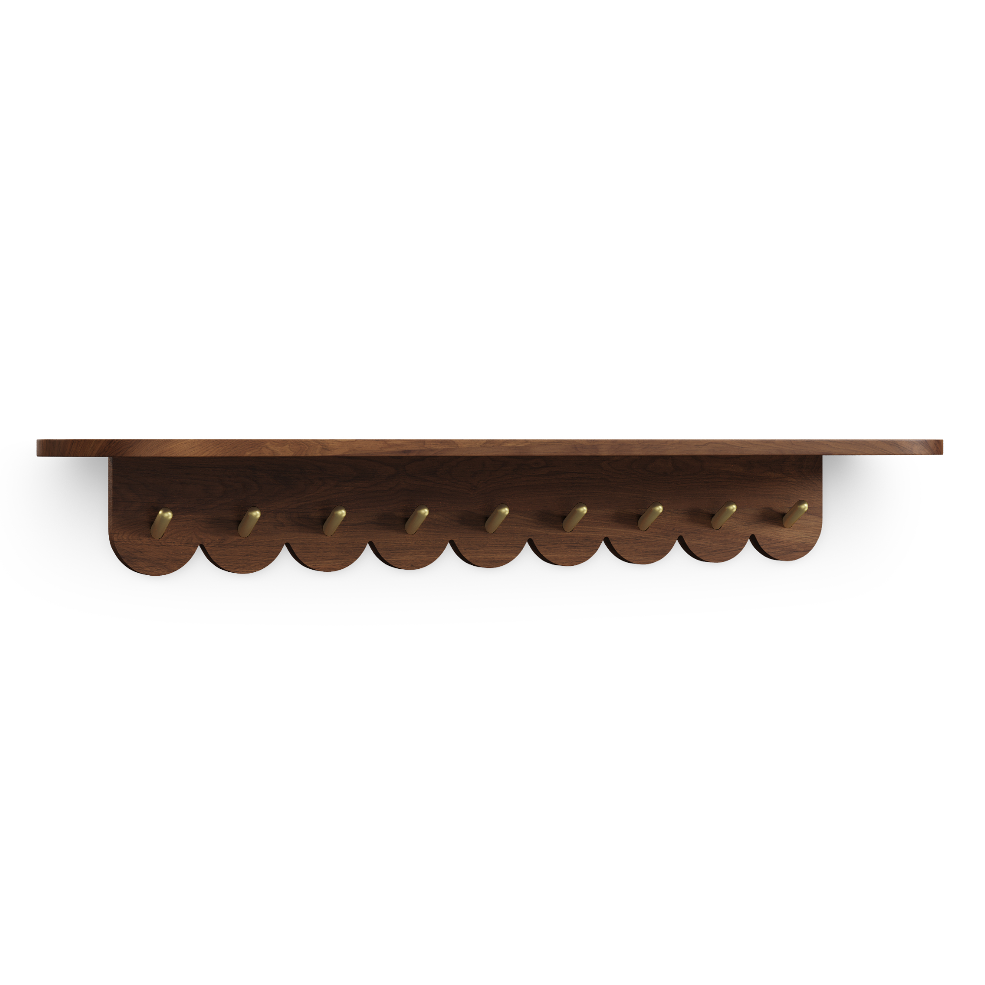 a scalloped wood shelf with hooks