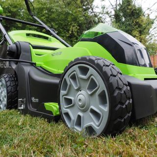 Close up of Greenworks lawn mower