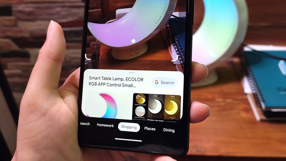 Google Lens shopping feature in the Google Search app on a Pixel 6 phone held in hand