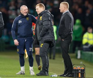 David Martindale, left, with Neil Lennon and Gary Holt
