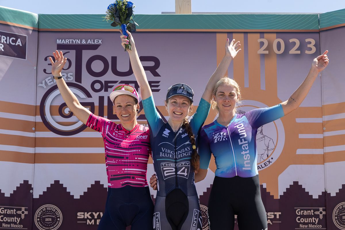 Stage 4 women's podium (L to R): Holly Breck (DNA Pro Cycling) in second, stage 4 winner Emily Ehrlich (Virginia's Blue Ridge TWENTY24) and Rylee McMullen (InstaFund Pro Cycling) in third