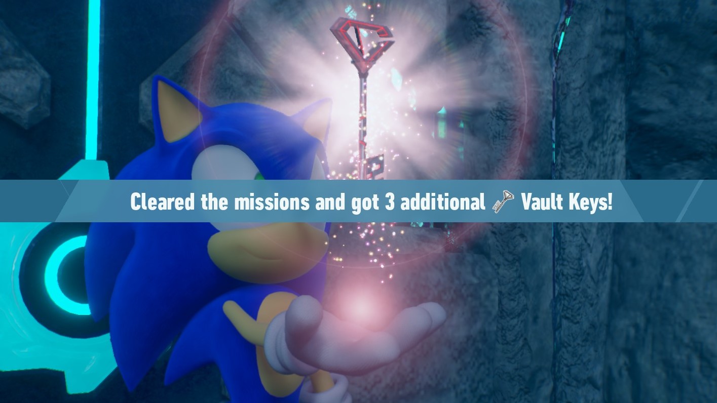 A screenshot of Sonic receiving Vault Keys after clearing a Cyberspace level in Sonic Frontiers