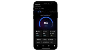 Eight Sleep app showing a sleep report and score with sleep metrics including time slept