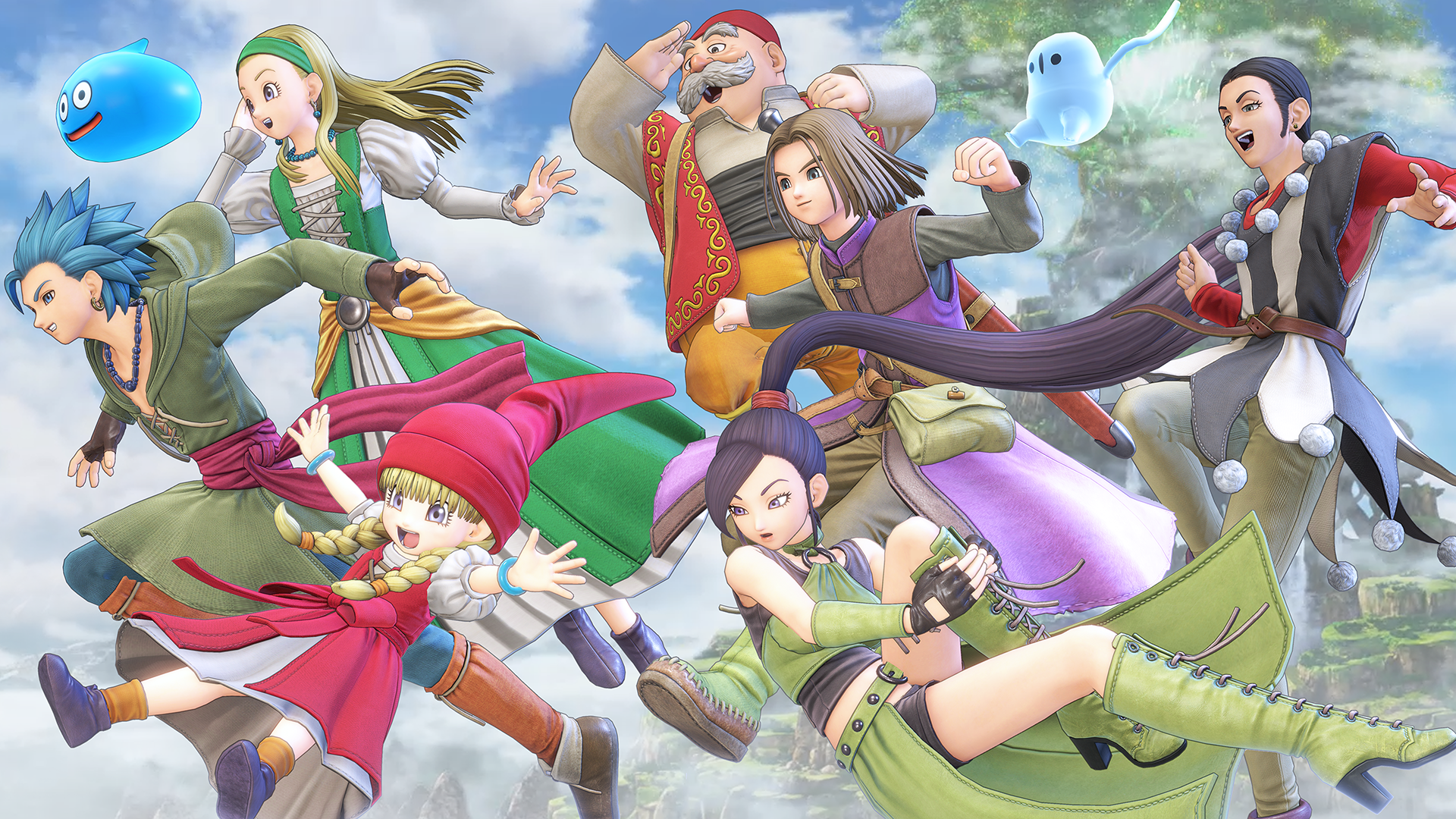 best Xbox game pass games: the full group of Dragon Quest 11 team members in mid-jump