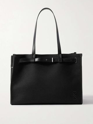 Buckled Leather-Trimmed Embroidered Cotton-Canvas Tote