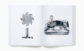 View of two pages inside the 'Designed by Apple in California' book featuring photos of a custom-designed T-cutter and the shell of a Mac mini from 2010