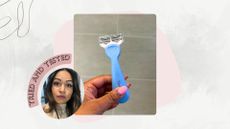 Aleesha holding Gillette Venus Intimate Hair & Skin Razor with a badge of her face in the corner saying 'tried and tested'