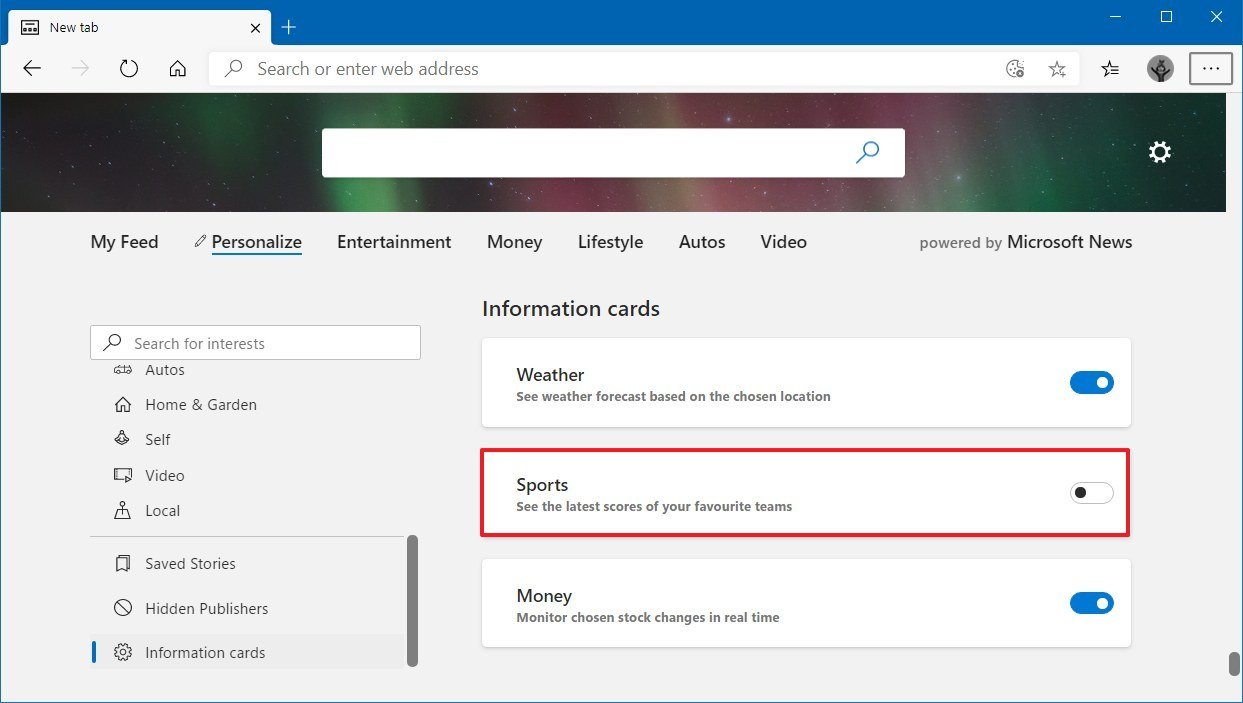 Microsoft Edge remove information cards