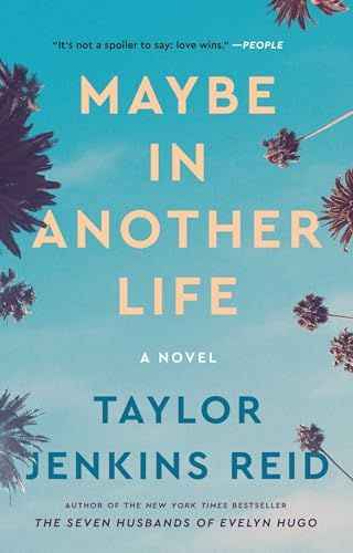 'Maybe in Another Life' book cover with a blue sky and the tops of palm tries