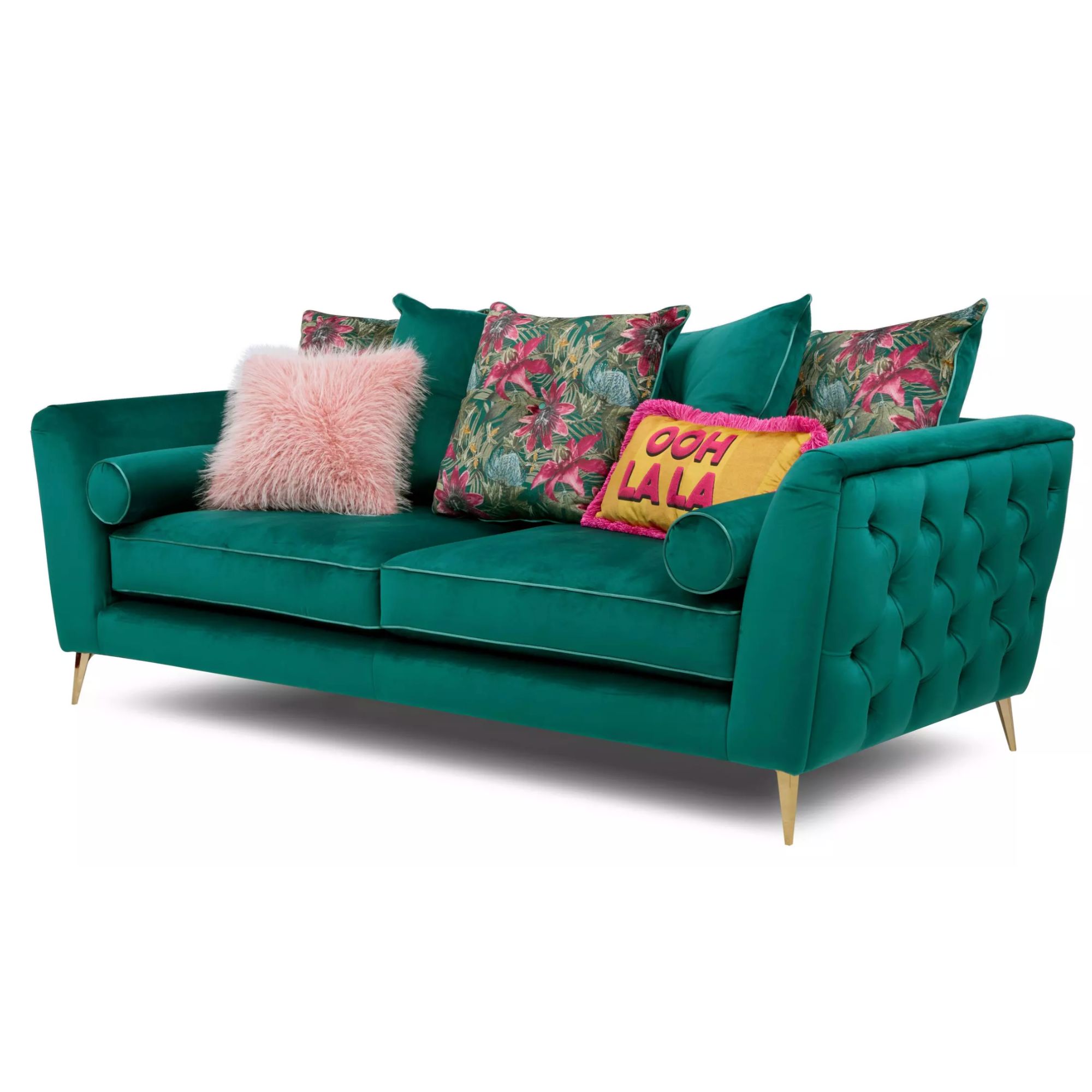 A teal 2-seater sofa from Amanda Holden's collection with DFS, with pink scatter cushions