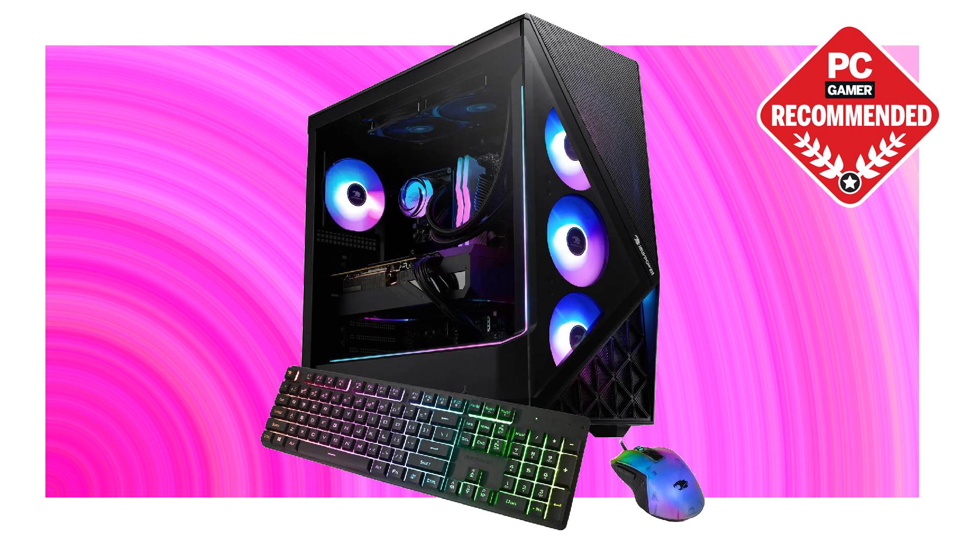 An iBuyPower Slate 9 gaming PC with mouse and keyboard on a pink background, with a PC Gamer Recommended label on top