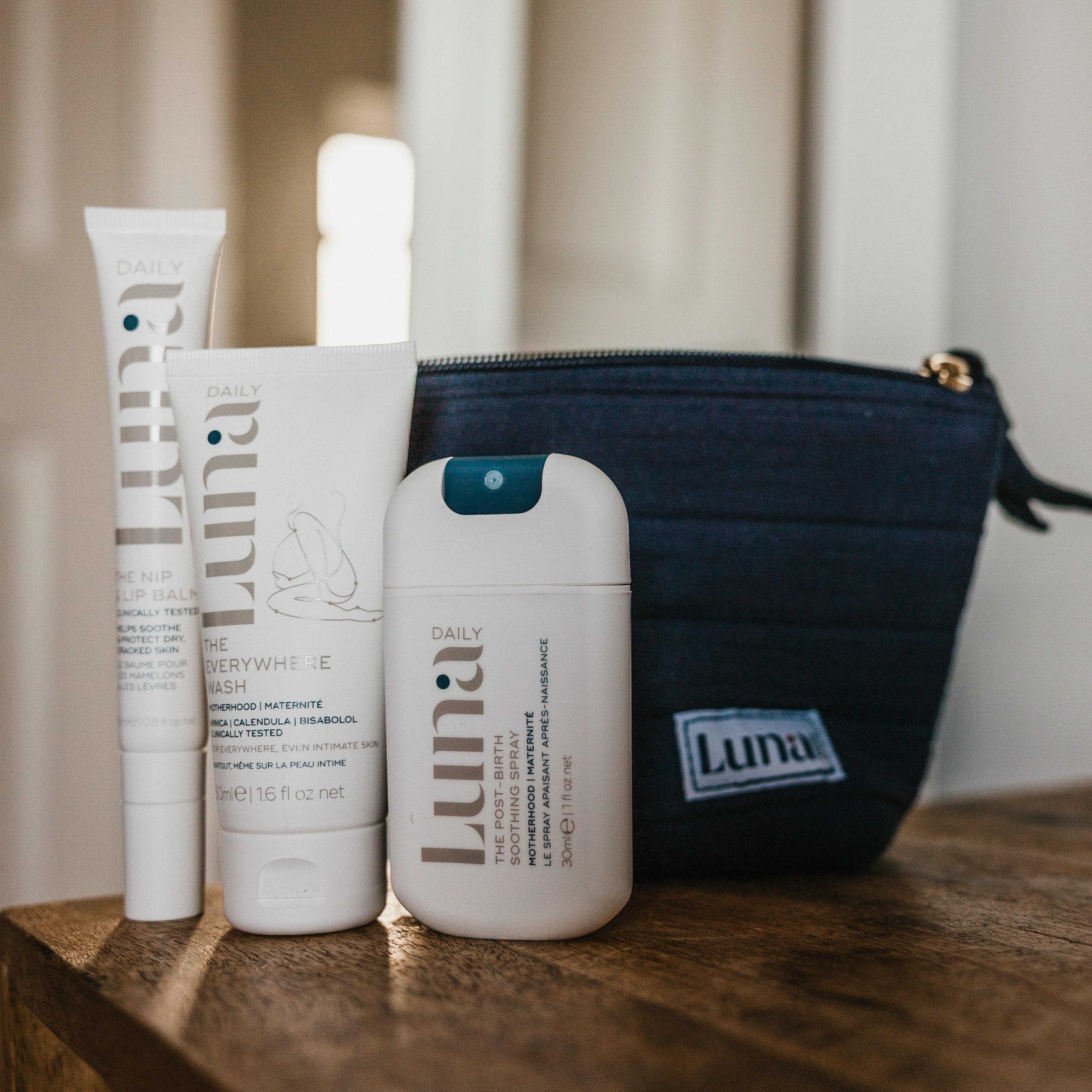 A close-up of the Daily Luna Hospital bag essentials set