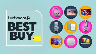 Best Buy logo and TechRadar logo on light blue background with various text products arranged in collage