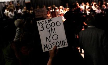 A protester rallies against a mosque to be built near Ground Zero