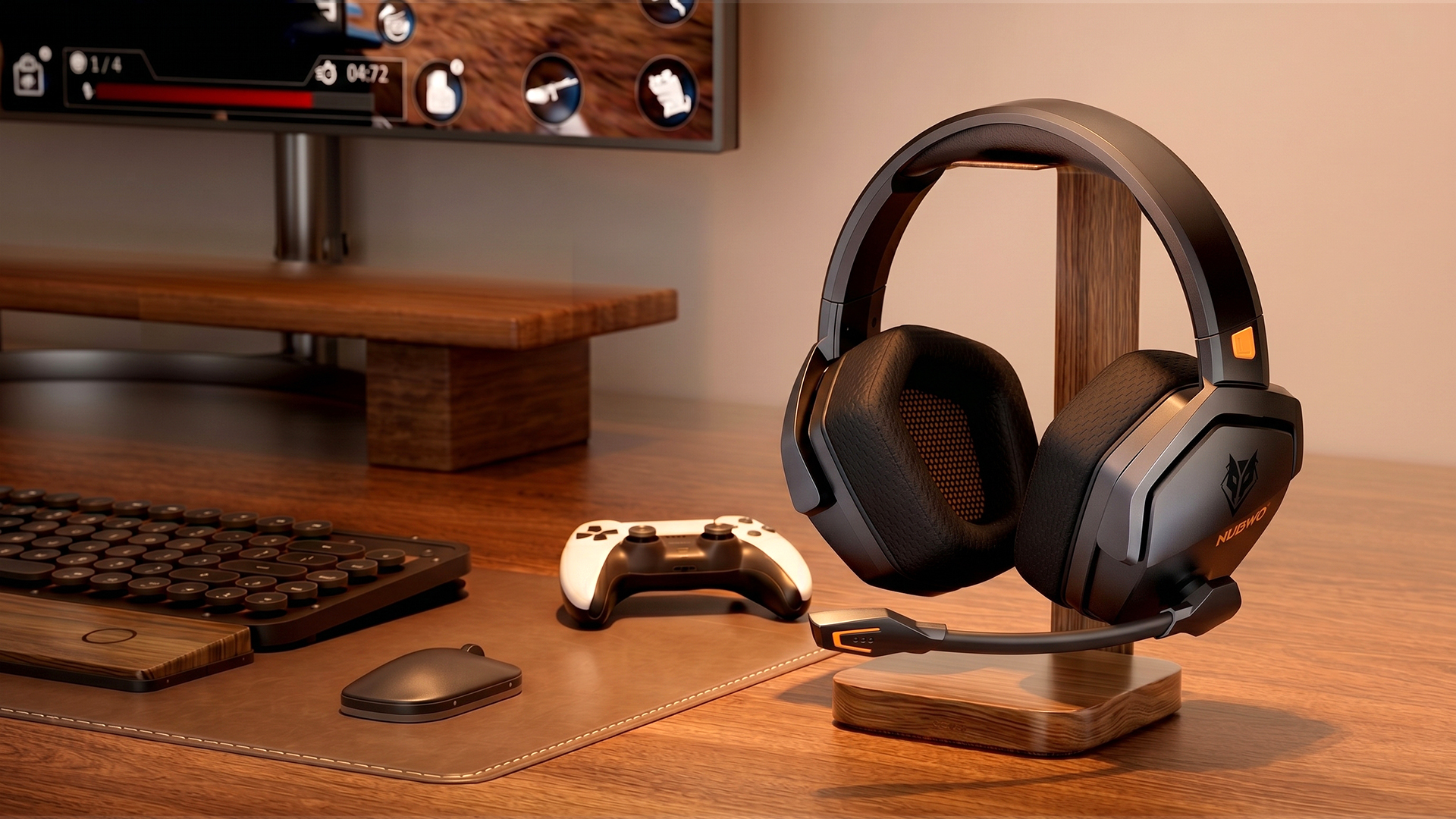 NUBWO G06 gaming headset in front of a gaming PC on its stand