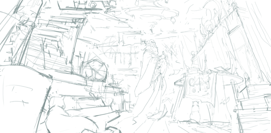Striking fantasy scene; a pencil sketch