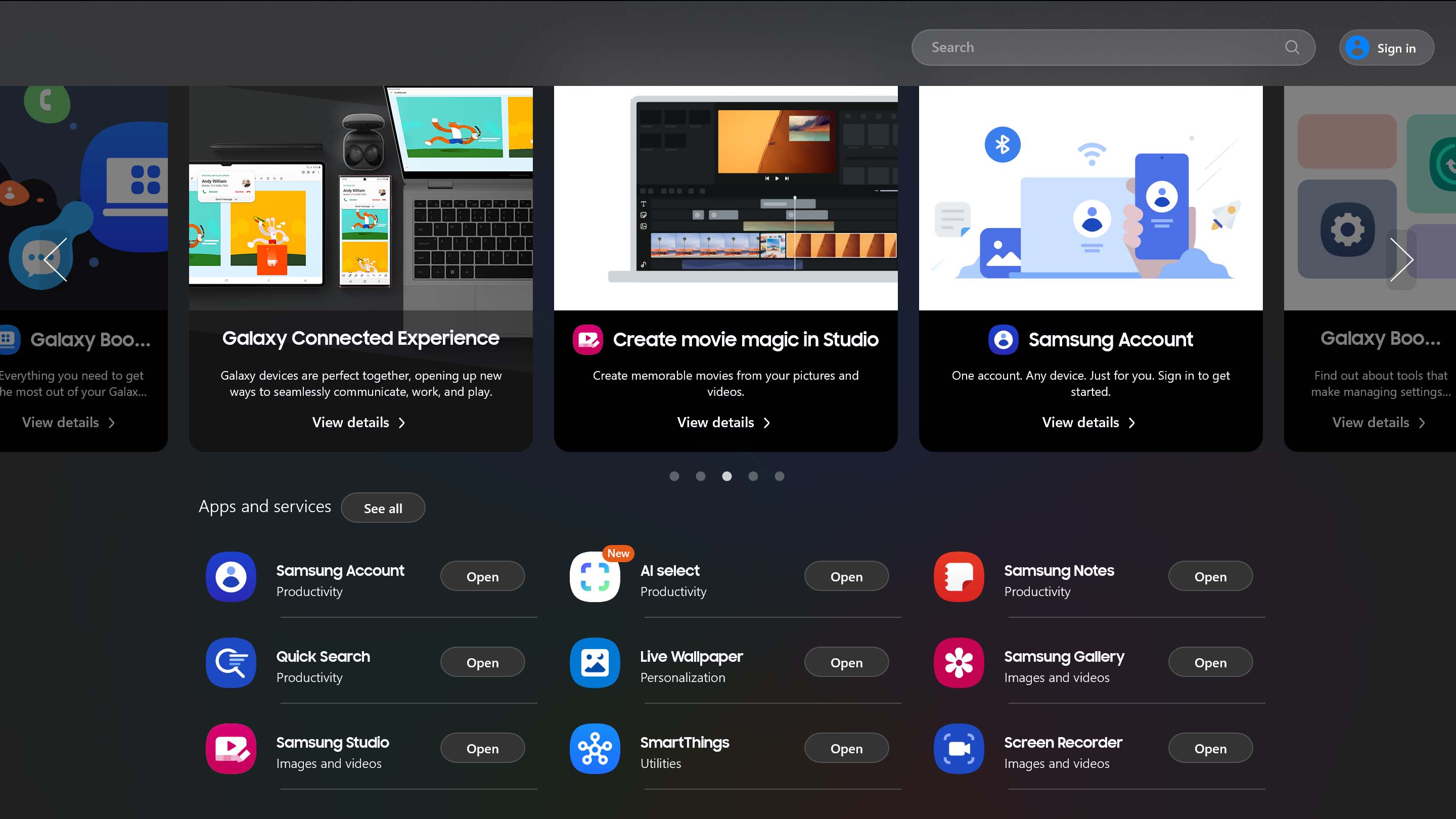 A screenshot of the apps listed in Galaxy Book Experience on Samsung Galaxy Book5 Pro.