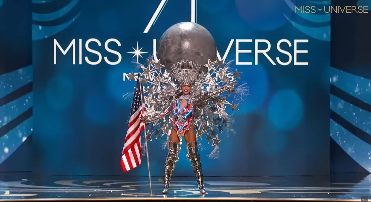 Miss USA R&#039;Bonney Gabriel wears a NASA-inspired moon costume in the Miss Universe 2023 National Costume Show on Jan. 12, 2023 in New Orleans.