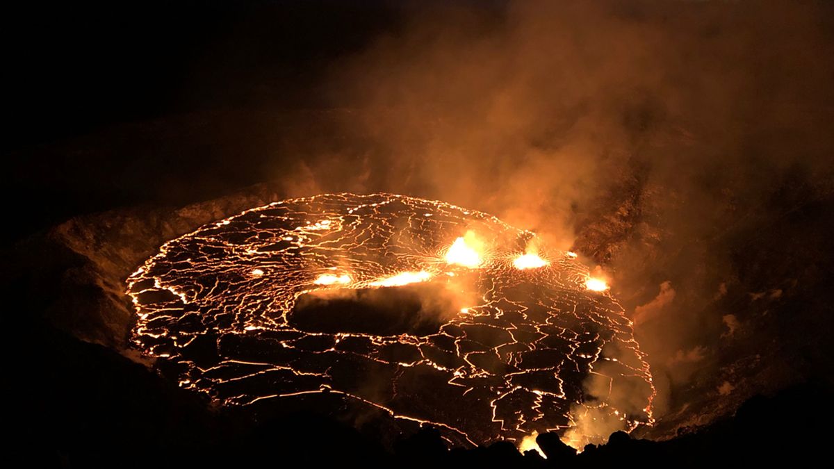 The Kilauea eruption, as seen at dawn local time on Sept. 30. Lava fountains are spurting out at multiple fissure locations at the base and west wall of the crater, and a lava lake is growing within Halema&#039;uma&#039;u.