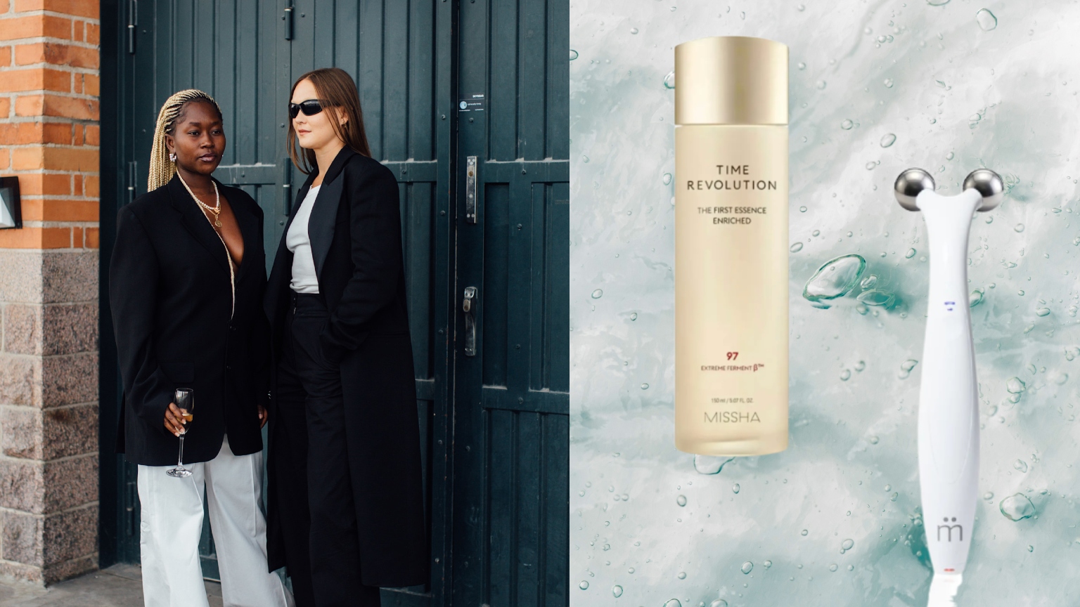 two women standing on the street next to a light blue background with a tan bottle of skincare and a white skincare device