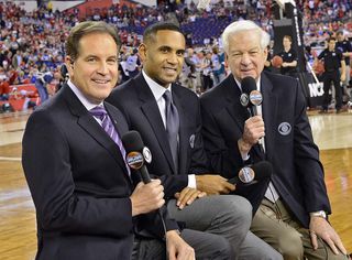 CBS/Turner NCAA Tournament announcers (from l.) Jim Nantz, Grant Hill and Bill Raftery. 