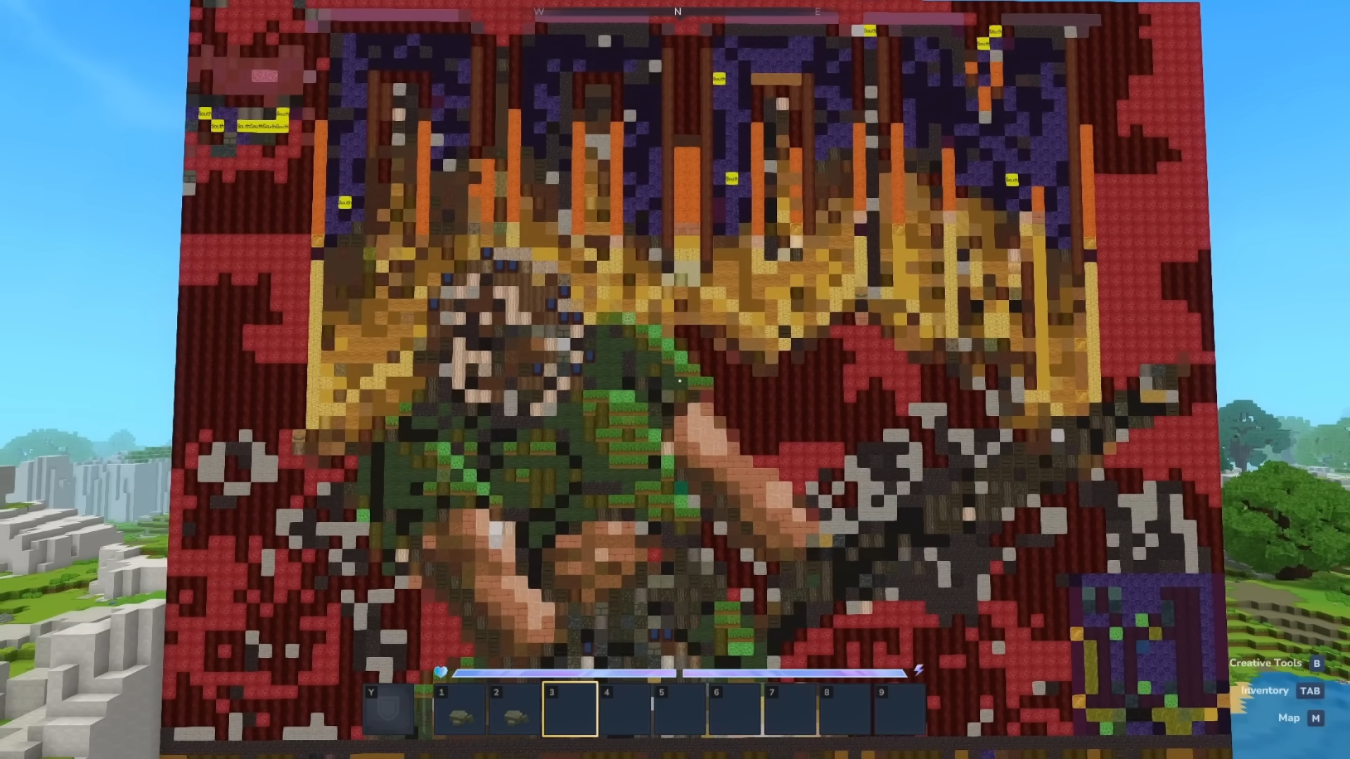 Hytale: A very pixelated boot screen for Doom inside Hytale, displayed on a large 'screen' made of blocks.