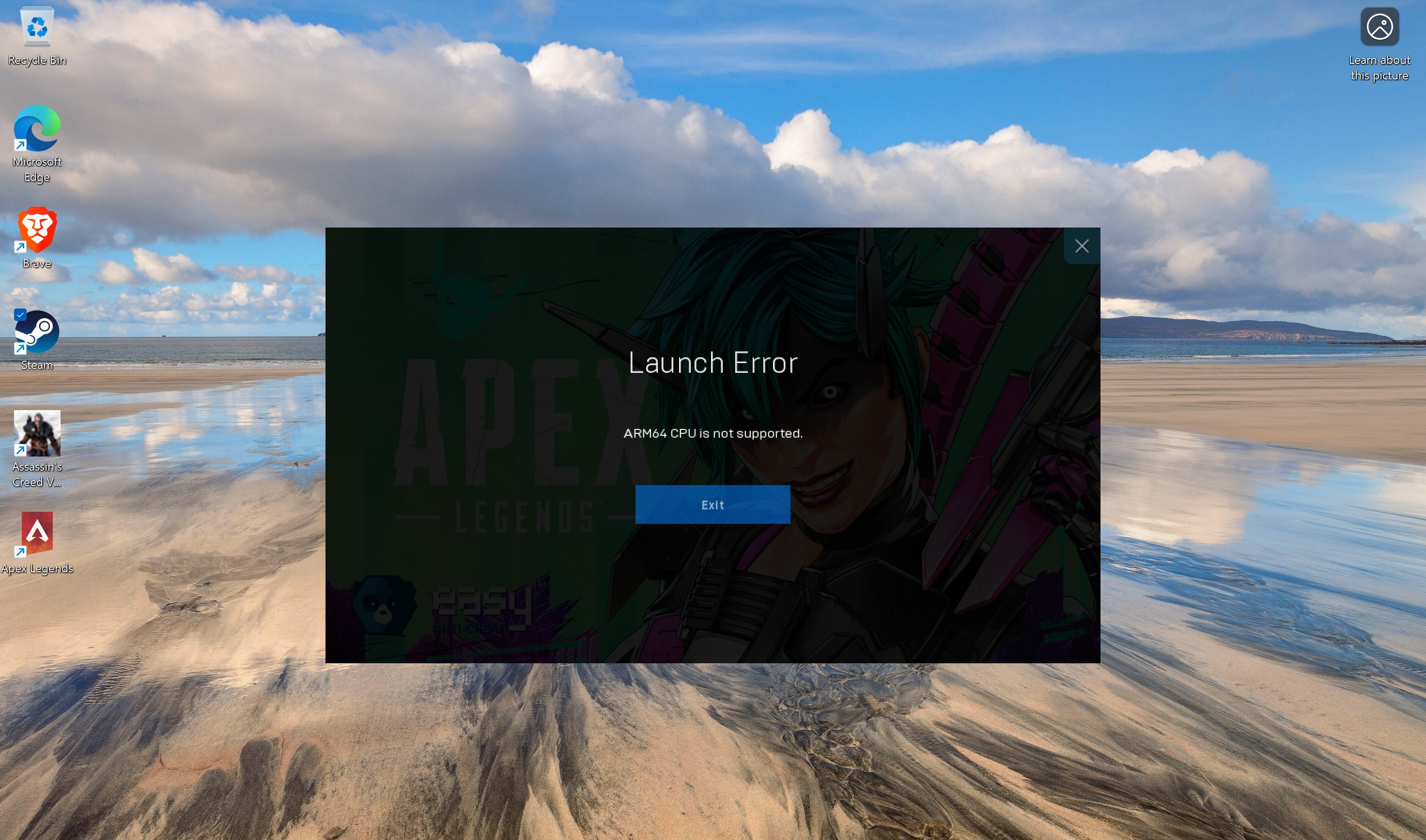 Screenshot of the Lenovo Yoga Slim 7x desktop showing an error message on Apex Legends