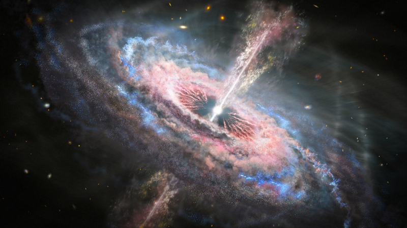 Artist&#039;s concept of a galaxy with a brilliant quasar at its center.