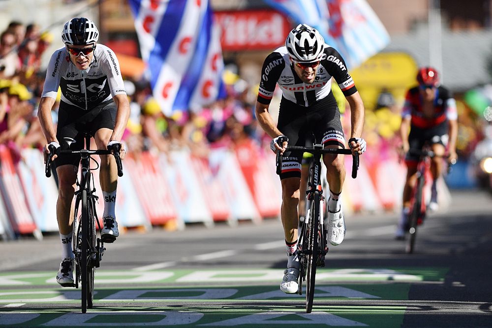 Chris Froome (Team Sky) and Tom Dumoulin (Sunweb) at the finish line of stage 11 at the Tour de France
