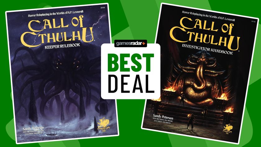 Call of Cthulhu Keeper's Rulebook and Investigator's Handbook outlined in white against a green background, with a badge bearing the words 'best deal' visible in front of them