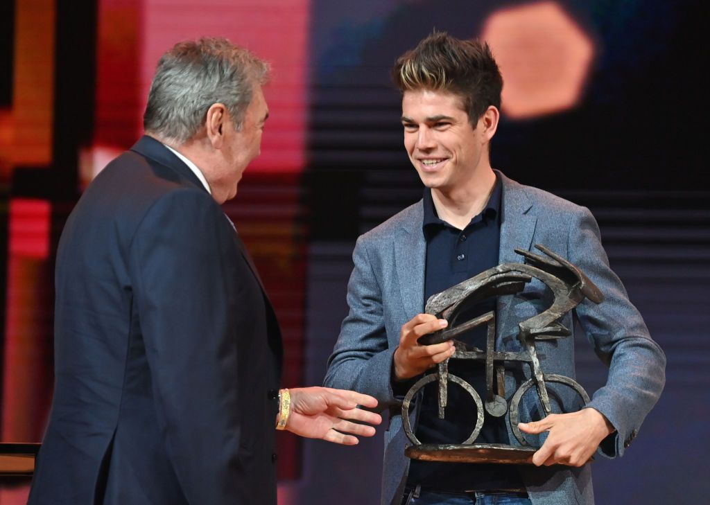 Eddy Merckx and Flandrien award winner Wout Van Aert pictured during the Flandrien award ceremony for the best Belgian cyclist of the 2021 cycling season organized by newspaper Het Nieuwsblad in Puurs on Tuesday 26 October 2021BELGA PHOTO DAVID STOCKMAN Photo by DAVID STOCKMANBELGA MAGAFP via Getty Images