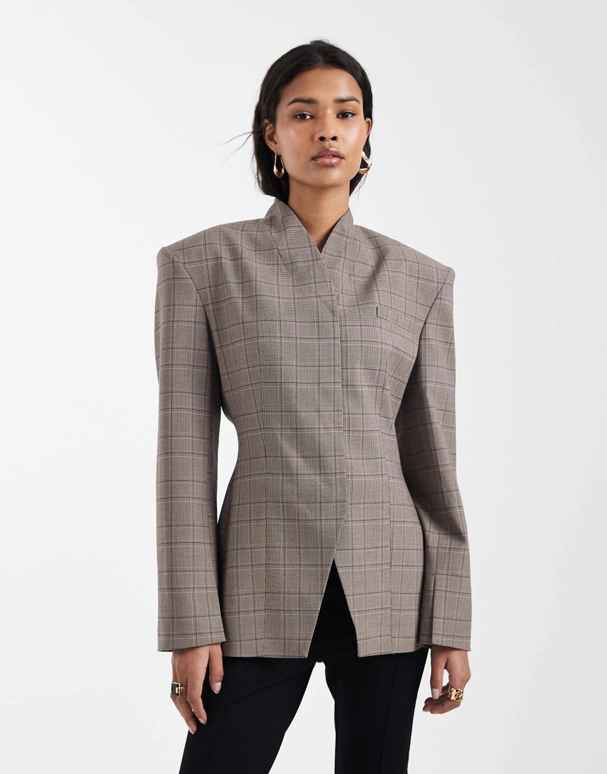 Asos Design High Neck Wrap Blazer in Grey Check