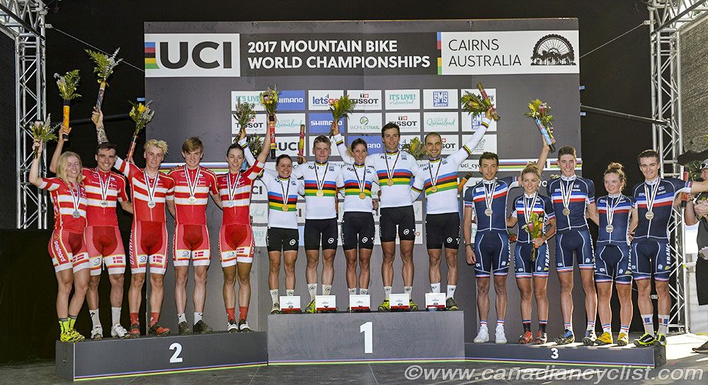 The podium: Silver for Denmark, Gold for Switzerland, and bronze for France