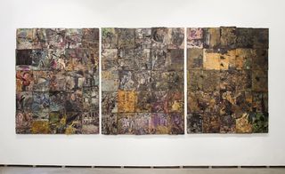 composed from 75 fashion magazines that have been washed in an acid bath, collaged, inked and mounted onto three aluminium panels.