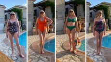 Julie Player wearing 4 swimsuits that support a fuller bust