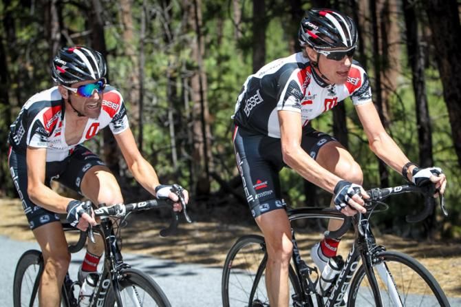 Chris Baldwin (Bissell) leads teammate Phil Gaimon on the climb.