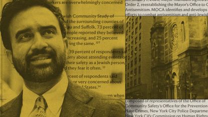 Photo collage illustration of NYC mayor Zohran Mamdani, Central Synagogue and text from the mayor's strategy to combat antisemitism