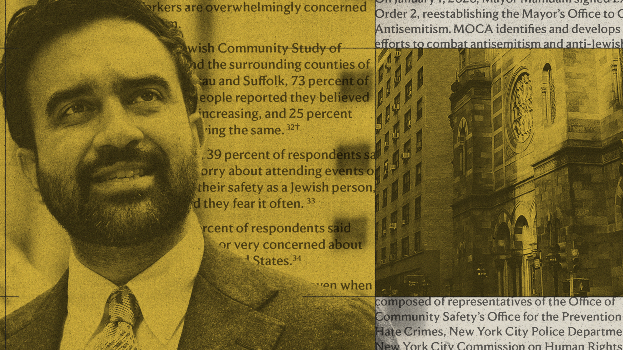 Photo collage illustration of NYC mayor Zohran Mamdani, Central Synagogue and text from the mayor's strategy to combat antisemitism