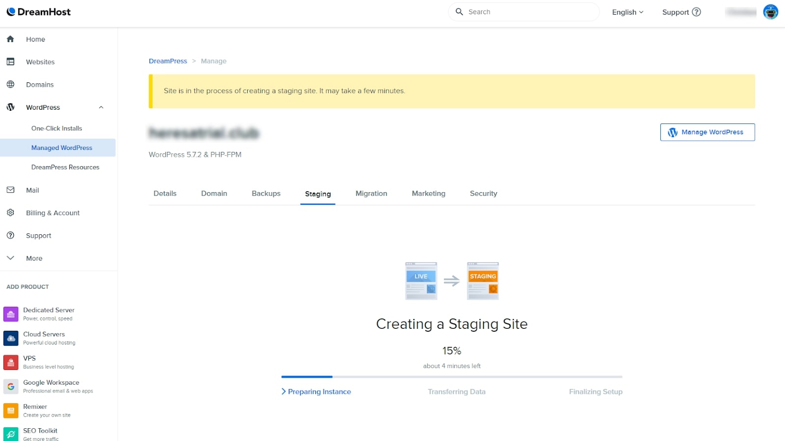 DreamHost's user interface with the staging environment settings page open