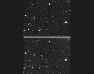 The discovery images of 2015 TG387 taken at the Subaru 8-meter telescope located atop Mauna Kea in Hawaii on October 13, 2015. The images were taken about 3 hours apart. 2015 TG387 can be seen moving between images near the center while the much more distant stars and galaxies are stationary.