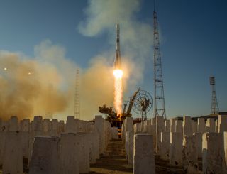 The Soyuz TMA-11M rocket is launched toward space carrying the Olympic torch for the 2014 Sochi Winter Olympics and the new Expedition 38 crew for the International Space Station on Nov. 7, 2013, at the Baikonur Cosmodrome in Kazakhstan. [Read the Full Launch Story Here]