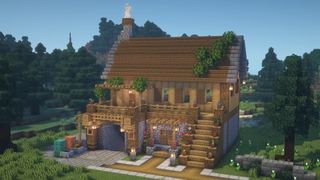 Ide Rumah Minecraft - Rumah bertingkat kayu dan batu dengan pintu masuk tambang