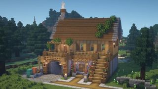 แนวคิดบ้าน Minecraft - บ้านไม้และหินหลายระดับที่มีทางเข้าเหมือง