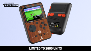 Super Pocket Atari and Technos editions; a retro game console with wooden details